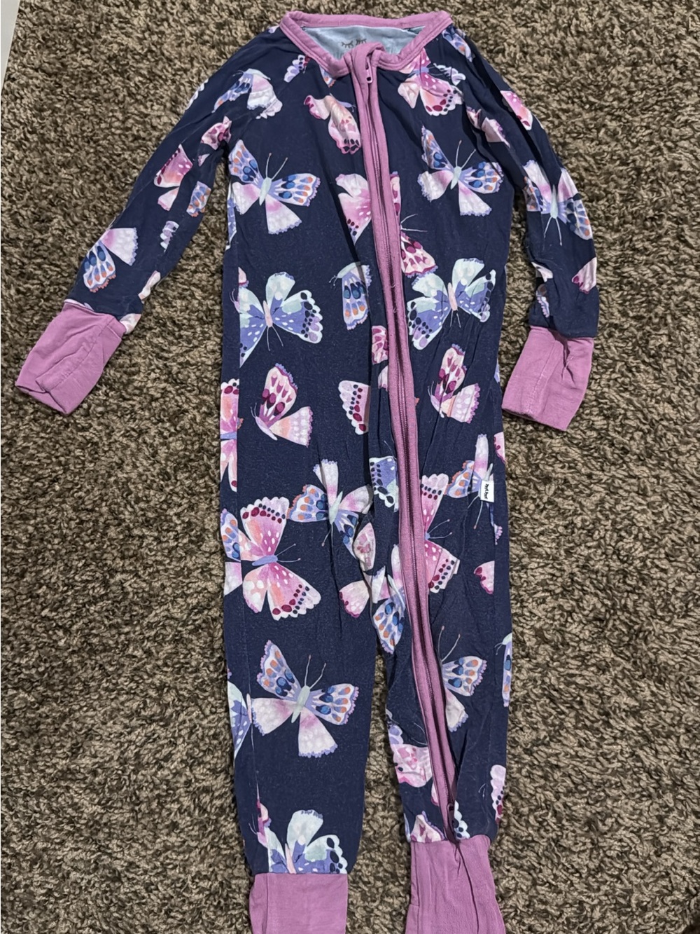 Little Sleepies Navy Butterfly Print Footed Pajamas with Pink Trim